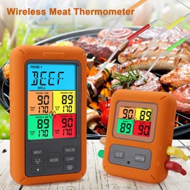 Color Screen Wireless Meat Thermometer for Grilling and Smoking, 4 Temperature Probes Food Thermometer for Outside Grill, BBQ Thermometer for Cooking Baking Turkey Fryer Smoker Acessories