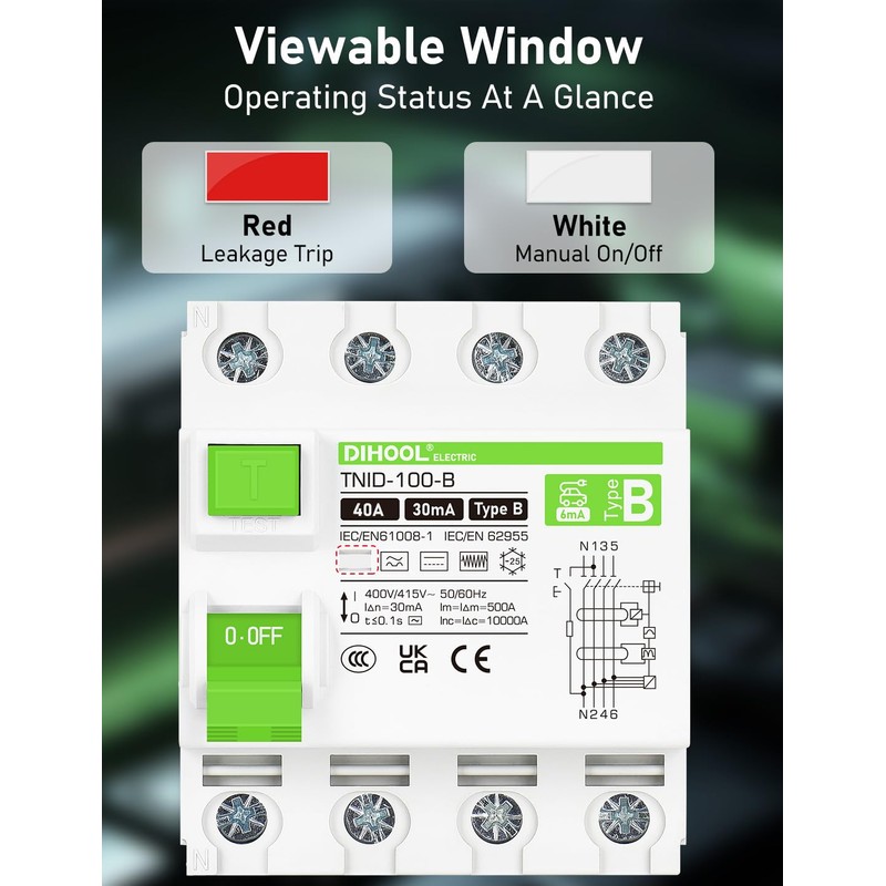 DIHOOL RCD Type B FI Circuit Breaker 40A 30mA 4-Pin