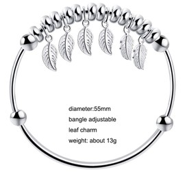 Caimeytie Women's Bangle Bracelet Silver Adjustable with Leaf and Beads Pendants