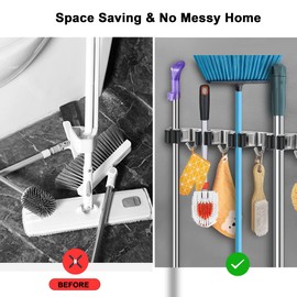 HANZENMA Broom Holder Wall Mount, Broom Organizer Wall Mount Stainless Steel Broom and Mop Hanger Heavy Duty Storage Organization for Home Kitchen Garden Garage Room 5 Racks 4 Hooks