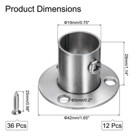 sourcing map 12Pcs Stainless Steel Closet Rod Brackets, 3/4 Inch Dia Wardrobe Holder for Pipe, Shower Curtain Rod Pole End Supports Sockets Flange with Screws, Silver Tone
