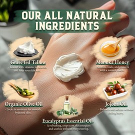 Organic Beef Tallow for Skin - 4 OZ (Eucalyptus) — Grass Fed Beef Tallow for face + Body — US-Made Whipped Tallow and Honey Balm Moisturizer for Dry and Sensitive Skin, Eczema, Rosacea (No Additives)