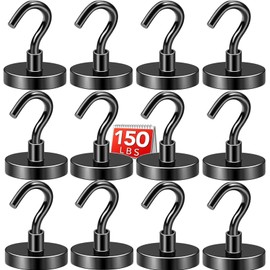 DIYMAG DIYMAG Black Magnetic Hooks, 150 LB Heavy Duty Strong Magnets with Hooks Rare Earth Neodymium Fridge Magnet for Grill Hanging Cruise Cabins Ship Essentials 12 Packs