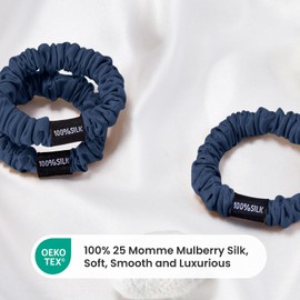 THXSILK 100% 25 Momme Pure Mulberry Silk Hair Scrunchies 3 Pcs Cute Ring Ties Small Scrunchies Soft Smooth for Girls Women's Thick Hair Protection, Navy Blue