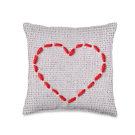 Heart Cross Stitch Thread Illustration | Red Yarn Embroidery Throw Pillow