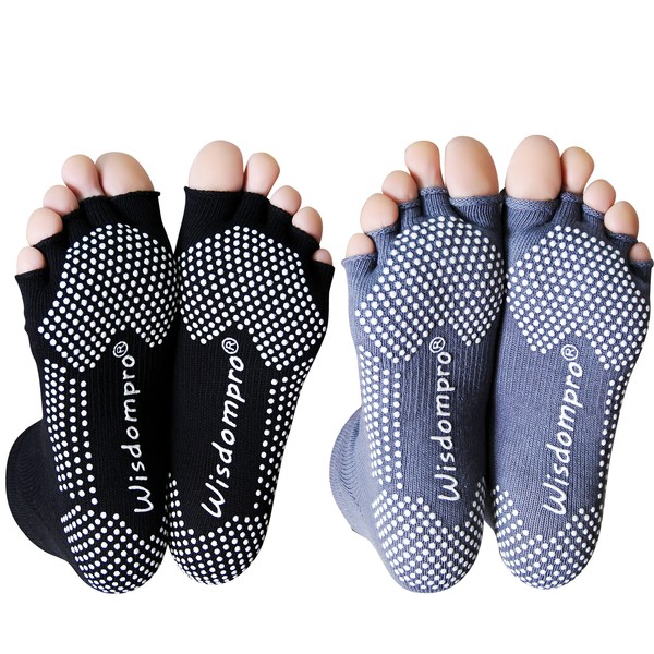 Wisdompro Yoga Socks, 5 Toes, Fingerless, Non-slip, Yoga Wear, Sports, Pilates, Dance, Barre, Short Socks, Unisex, 2 Colors, 2 Pairs Set, S/M Black + Gray, multicolor (black / gray)