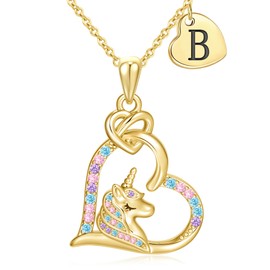 C-leen Unicorn Initial Necklaces for Girls, 14K Gold Plated Colorful Unicorn Necklaces Heart Pendant Initial B Necklaces for Teens Birhtday Gifts for 4 5 6 7 8 9 10 11 12 13 14 Year Old Girl
