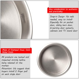 6PCS Closet Door Finger Pull Satin Nickel- 2-1/8”, Easy Snap-in Circular Sliver Closet Door Pulls, No Nails Needed, Perfect for Cabinet Door, Pocket Door, Sliding Door, Bi-Pass Door