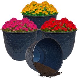 Sunnydaze Dinah 12.5" Metal Outdoor Plant Pot Set with Drainage Holes and Rubber Plugs - Navy Glaze - Set of 4