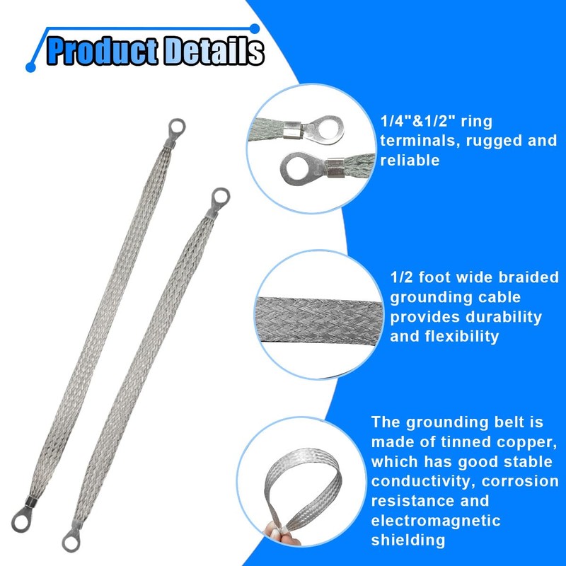 Universal Automotive Ground Strap Kit, 3PCS 10 "x 1/2" and