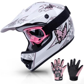 TCMT DOT Certified Youth Pink Butterfly Dirt Bike ATV Offroad Street Motorcycle Motocross Helmet Goggles Gloves (M)