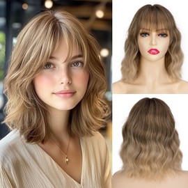 Sleekcute Bob Wig with Bangs 14 Inch Ombre Blonde Short Wavy Color Wigs for Women Synthetic Heat Resistant Bob Wigs For Women Daily Party Use(14 Inch Ombre Blonde)