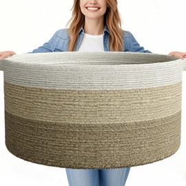 GOPAS 125L Extra Large Blanket Basket, 25" x 16", Jumbo Laundry Woven Cotton Rope Basket with Handles, Baby Toy Storage, Gradual Brown
