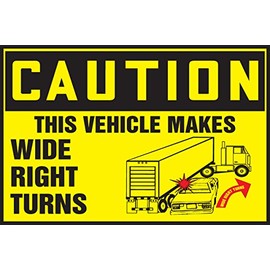 Accuform LVHR610RFE Reflective Adhesive Vinyl Truck and Trailer Label, Legend "Caution This Vehicle Makes Wide Right Turns" with Graphic, 10" Length x 14" Width x 0.007" Thickness, Black on Yellow