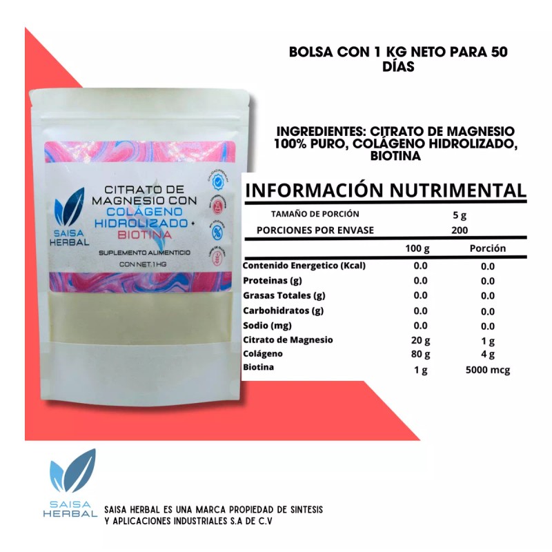 Saisa Herbal Citrato De Magnesio Colágeno Hidrolizado Biotina En Polvo