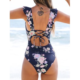CUPSHE Women's One Piece Swimsuit Ruffle V Neck Lace Up Bathing Suit, S Navy Floral