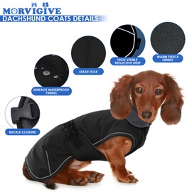 MORVIGIVE Windproof Waterproof Dog Coat for Dachshund -Black,XSmall- Miniature Dachshund Clothes, Small Dog Coat with Harness Built in, Reflective Dachshund Jacket with Buckle Closure