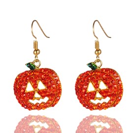 Halloween Full Rhinestone Pumpkin Earrings, Funny Jack-O'-Lantern Dangle Earrings, Fashion Jewelry for Holiday Party, Hypoallergenic Alloy Ear Hooks for Women (Gold)