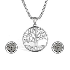 Cupimatch Tree of Life Necklace for Boys Stainless Steel Leather Silver/Black, Stainless Steel, Rhinestone
