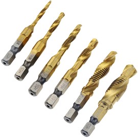 Drill Bit, Hexagonal Shaft (Set of 6), Spiral Tap, Chamfering Tap, Drilling, Hexagonal Shaft, Multi-functional Integrated Chamfer Tap, High Speed Steel (M3/M4/M5/M6/M8/M10), For Ironworking, Metalwork, Plastic, Wood Plates, Aluminum Plates, Tin Alloy Pla