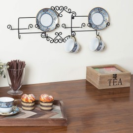 MyGift Vintage Scrollwork Black Metal Wire Tea Coffee Cup and Saucer Set Rack, Wall Mounted Decorative Display Shelf Holds Up to 4 Collectible Plates & Mugs