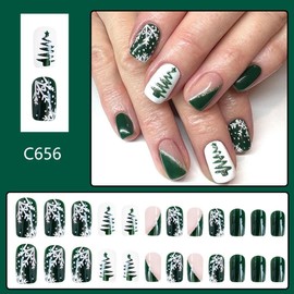 Christmas Press on Nails Short Square Fake Nails with Design Green Xmas Tree Glue on Nails White Snowflake Stick on Nails Winter French Tips False Nails Glossy Reusable for Women Girls Manicure 24pcs