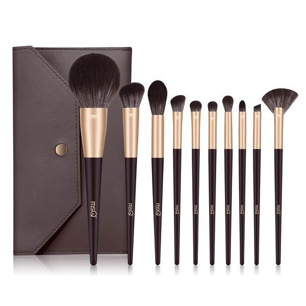MSQ Makeup Brushes Set of 10 with Makeup Pouch, Makeup Brushes, High Quality Fiber Bristles, Super Soft, Popular, Multi-functional, Makeup Set, Foundation Brush, Eye Shadow Brush, Everyday Makeup, Easy to Carry (Brown)