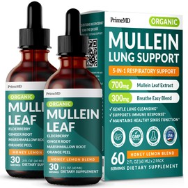 5-in-1 Mullein Drops for Bronchial and Respiratory Support with Mullen Leaf Extract Lung Supplement - Mullein Tincture with Elderberry and Ginger Root, Honey Lemon Flavor (60 Servings, Pack of 2)
