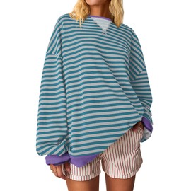 ANRABESS Women Striped Oversized Sweatshirt Crewneck Long Sleeve Shirts Hoodies 2025 Summer Fashion Pullover Top Y2K Outfits Green Grey Medium