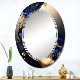 DesignQ Abstract Liquid Ink wall mirror, Oval Modern mirror, Round Blue bathroom mirror, Abstract Liquid ink vanity mirror Blue-Marbled Geode Abstraction I printed mirror decor, oval mirror 24x36