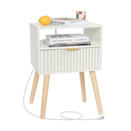 Fultyle White Nightstand with Charging Station, Modern Bedside Table with Drawer and Solid Wood Legs, Fluted End Side Table for Bedroom, Living Room, Small Space (White)