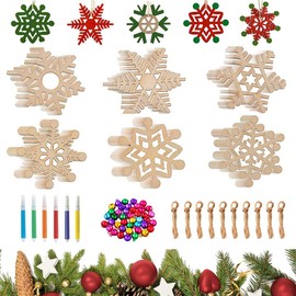 60pcs Wooden Snowflakes Unfinished Christmas Craft Ornaments Set with Bells, Colored Markers and Ropes for Christmas Tree Decorations DIY Arts