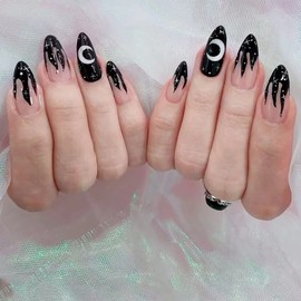 24 Pcs Press On Nails medium, Full Cover Black With Star, Moon Patterns Almond Glue On Nails, False Nails With Glue, Coffin Nails Art Manicure Decoration Acrylic Nails for Women And Girls