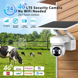 Solar Camera Outdoor Wireless, 4G LTE Cellular No WiFi Outdoor Security Camera, Wireless Cameras for Outside, 360°Full Cover with Solar Panel, HD 2K+ Color Night Vision, Smart AI Detection