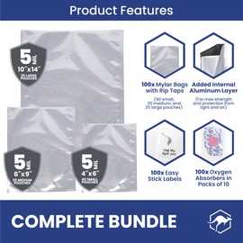 Wallaby 100ct Multi-Size Mylar Bags, 400cc Oxygen Absorbers, 10 Mil Thick, 1-Gal 10x14, 1-Qt 8x12, 1/2-Pt 6x8, Heat-Sealable, Airtight, Flat, Silver, for Long-Term Food Storage.