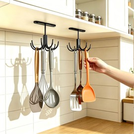 EigPluy Metal Under Cabinet Kitchen Utensil Hooks,360° Rotating Kitchen Utensil Rack with 8 Hooks,Drilling Free Adhesive Utensils Hanging Rack for Tools/Towel/Knife (Black)