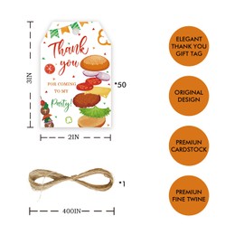 50pcs Hamburger Thank You Tags, Fast Food Gift Tag with String for Burger Party, Barbecue Thank You Paper Tags for Fast Food Birthday Party Favors