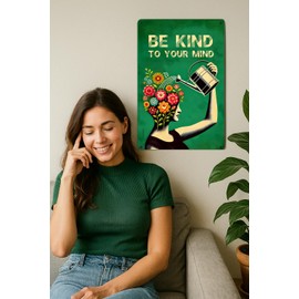 Inspirational Mental Health Metal Sign - Be Kind to Your Mind - 12"x8" Vintage Aluminum Wall Decor Featuring Floral Watering Can Artwork, Motivational Home, Office, or Classroom Decoration, Uplifting Gift for Friends, Therapists & Self-Care Enthusiasts (