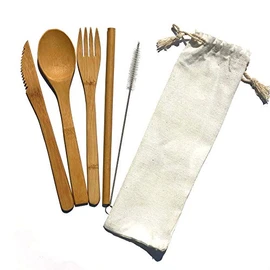 Caravian Juego de Cubiertos Portatiles de Bambu Portátil, Juego de Cubiertos de Camping de Viaje, Utensilios Portátiles de Bambu Ecologico (incluye: Cuchillo de bambu, Cuchara de Bambu, Tenedor de Bambu, Popote de Bambu y Limpiador )