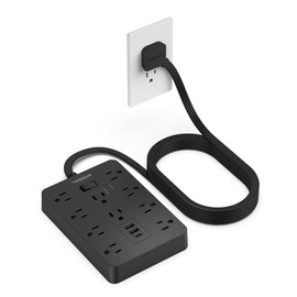 Power Bars with Surge Protector, TESSAN Flat Plug Extension Cord 10 Ft with 10 AC Outlets 3 USB(1 USB C), 1700J Power Strip Multi Plug Outlet for Home, Office, College Dorm Room, Black
