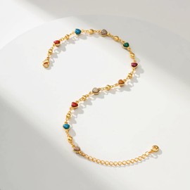 18K Gold Plated Anklet, Adjustable Bohemian Heart Shaped Coloured Zirconia Anklet, Beach Holiday Jewellery For Women