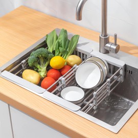 Expandable Stainless Steel Drain Basket, Dish Drying Rack Kitchen Sink Organizer, Over The Sink Dish Drying Rack, Gray (Small)