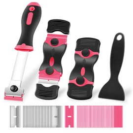 NECAMOCU 4 Pack Razor Blade Scraper, Premium Cleaning Scraper Tool with 50 PCS Metal & Plastic Razor Blades, Multi-Purpose Glass Scraper for Windows, Sticker, Decals, Cooktop, Paint Removal (Pink)