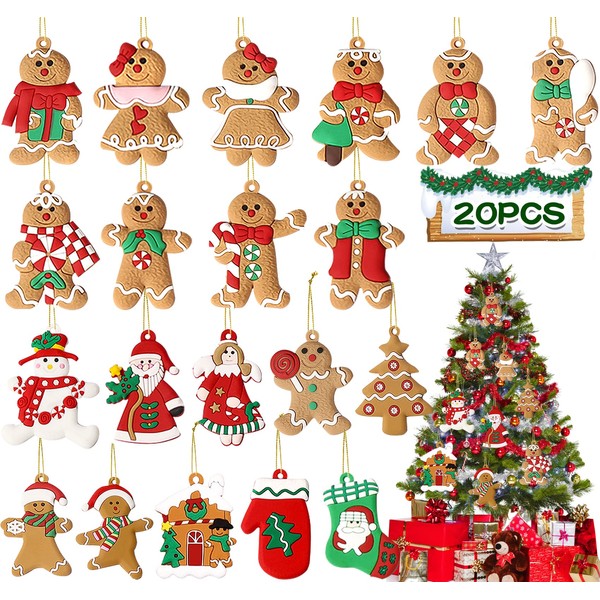 Frasheng Pack of 20 Gingerbread Man Christmas Pendants, Gingerbread Man Pendants, Gingerbread Christmas Jewellery, Miniature Christmas Tree Decoration, Hanging Ornament, Christmas Tree Decoration, for