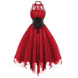 kinstell Women's Sleeveless Gothic Corset Dress Vintage Floral Lace Cocktail Formal Halloween Punk Hippie Dresses, red
