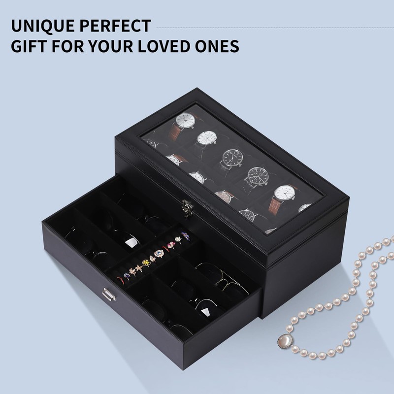 AUTOARK Leather & Velvet 12 Watch Box Jewelry Case and