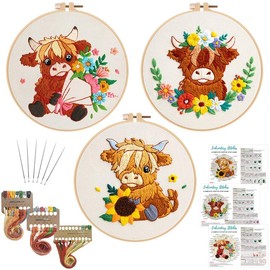 Nuberlic Highland - Juego de 3 kits de bordado de vaca para adultos, principiantes, kit de punto de cruz, con diseños florales, regalo perfecto para bricolaje