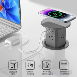 Aluminum Pop Up Outlet with 15W Wireless Charger, 4 AC Outlets & 2 PD 20W USB Fast Charging, 3.93" Desk Wire Hole Insert, Pop Up Countertop Outlet for Home Office Kitchen (Gray)