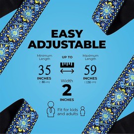 Guitar Strap for Electric Acoustic Guitar & Bass, Adjustable Leather-End Strap with Pick Pocket, Cotton Jacquard Embroidered Design, 5CM Wide Soft Padded Guitar Strap for Bass Ukulele Mandolin (BLU)