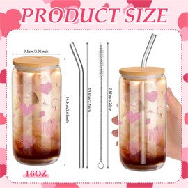Yetene 2 Pcs Hearts Glass Cup Set, 16 oz Valentine's Day Tumbler Glasses with Bamboo Lids and Straws Can Shaped Iced Coffee Cups Clear Glass Cups Drinking Jars for Couple Lover Birthday Gifts(Pink)